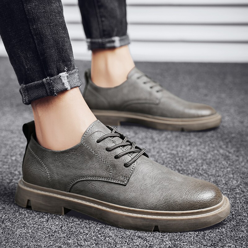 跑鱼马丁靴男休闲皮鞋男春秋季透气男鞋新款英伦风商务马丁鞋男士低帮工装鞋 9196灰色 39