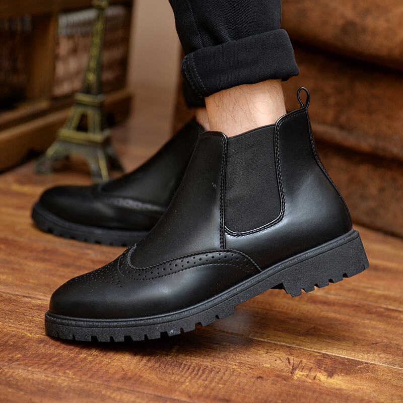 男鞋子高帮鞋马丁靴复古短靴男靴子切尔西休闲皮鞋布洛克套脚潮鞋 棕色 44