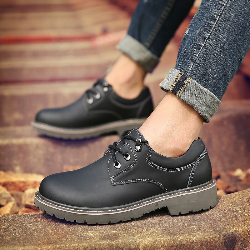 秋季男士休闲皮鞋厚底真皮低帮系带工装鞋大头男皮鞋马丁鞋靴潮鞋 黑色 42