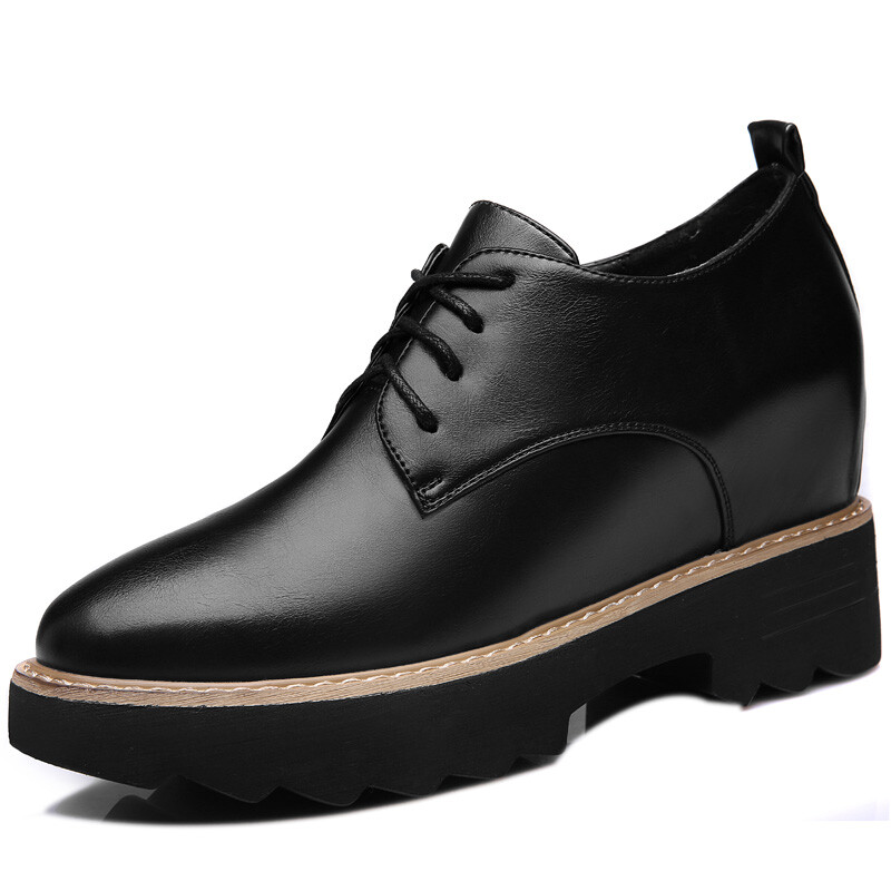 古奇天伦2016春秋新款厚底内增高女鞋秋季新款英伦松糕底单鞋圆头系带休闲皮鞋8495 黑色 38