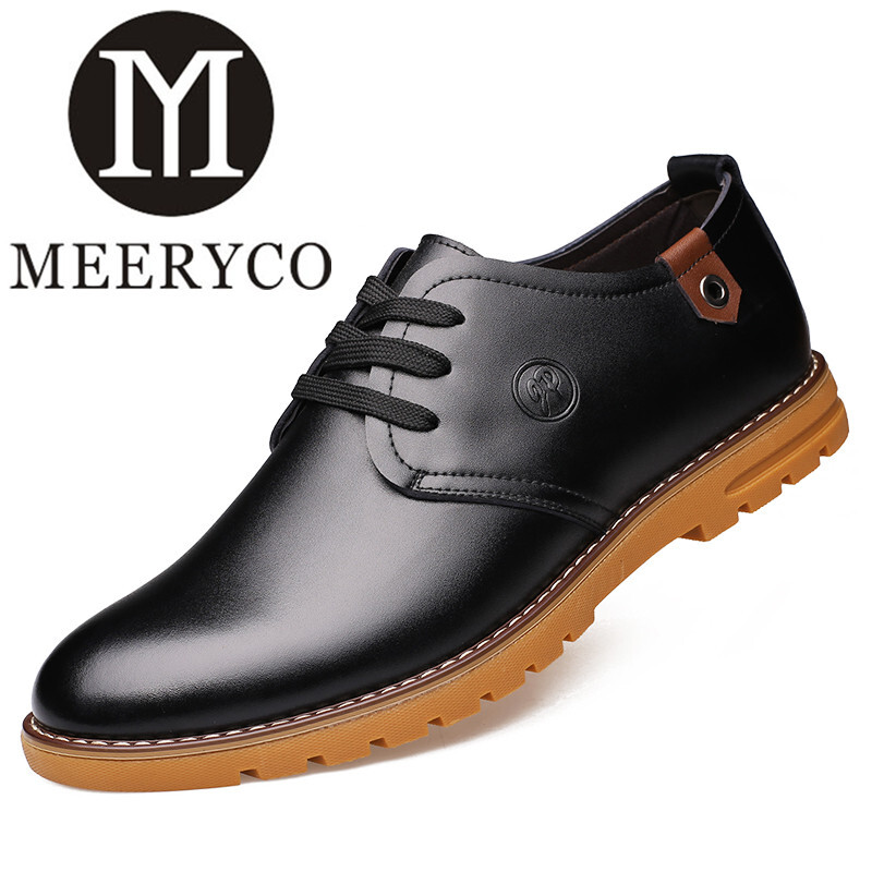 MEERYCO 2016年时尚专柜产品真皮休闲皮鞋英伦风商务韩版休闲鞋牛筋鞋系带圆头潮 黑色 42