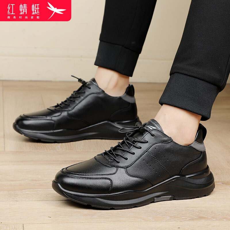 红蜻蜓 RED DRAGONFLY 男鞋低帮系带平底皮鞋韩版百搭时尚小黑鞋子皮面运动休闲皮鞋男 WTA317141 黑色 39