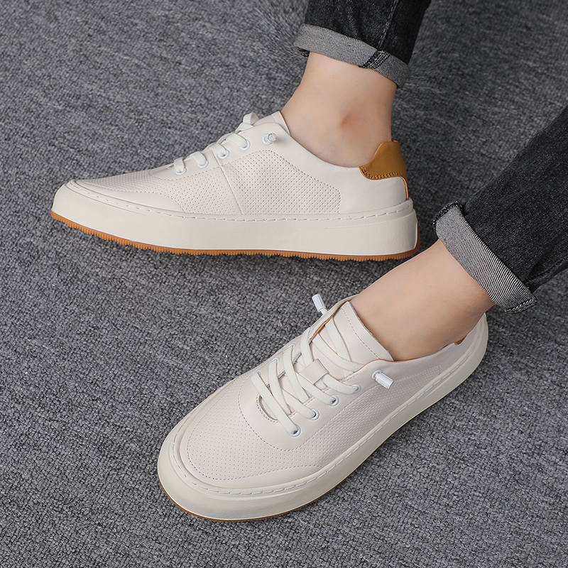 男鞋夏季透气白色潮男板鞋真皮厚底运动休闲皮鞋男百搭软皮小白鞋