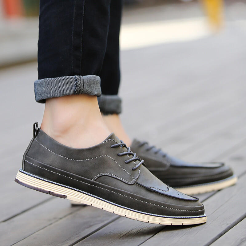 夏秋季新款英伦风休闲皮鞋男布洛克雕花小皮鞋男鞋子青年休闲百搭低帮潮鞋男鞋 深灰色 39
