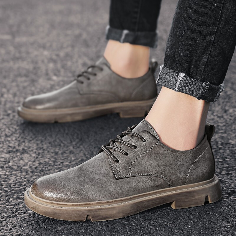 跑鱼马丁靴男休闲皮鞋男春秋季透气男鞋新款英伦风商务马丁鞋男士低帮工装鞋 9196灰色 39